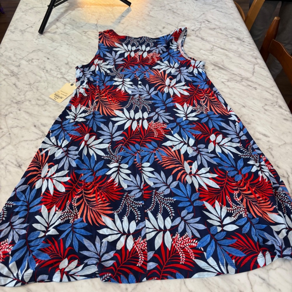 St Johns Bay Womens Tropical Leaf Print Knit Dress Navy Red Medium NWT 845-0832 - Picture 5 of 7